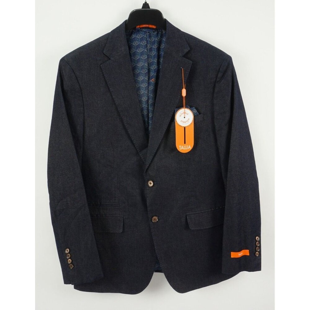 New $199 Tallia Metallic Denim Men's Small 38R Blue Stretch‎ Notch Sport Coat